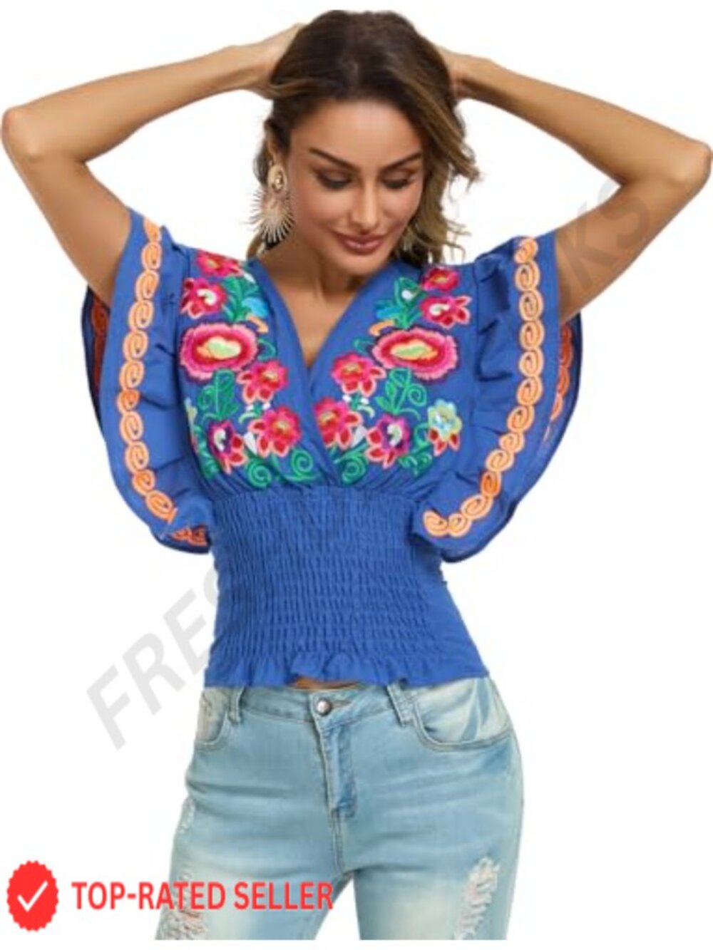 Women Mexican Embroidered Off-Shoulder Lace Top Boho Peasant Blouse